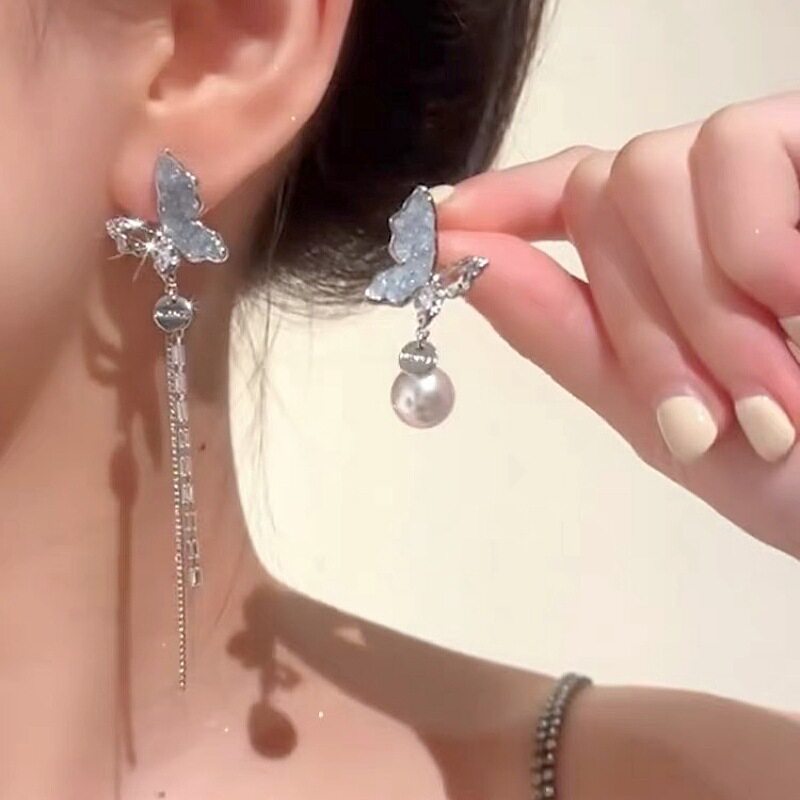 撤柜法式超仙不对称蝴蝶流苏水晶耳环气质优雅轻奢高级度假风重工