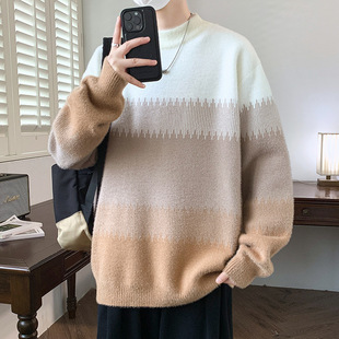欧洲站毛衣男冬款 青少年仿水貂绒加厚保暖线衣初中高中学生针织打