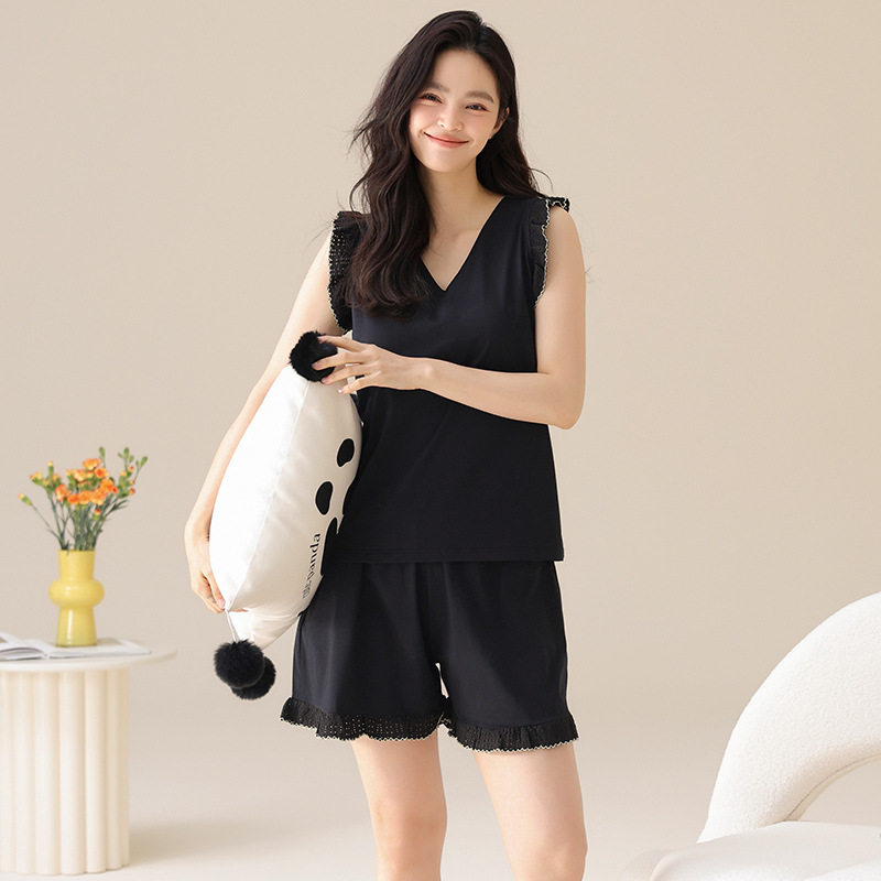 德国带胸垫睡衣女夏季纯棉无袖背心短裤薄款可外穿夏天女士蕾丝家