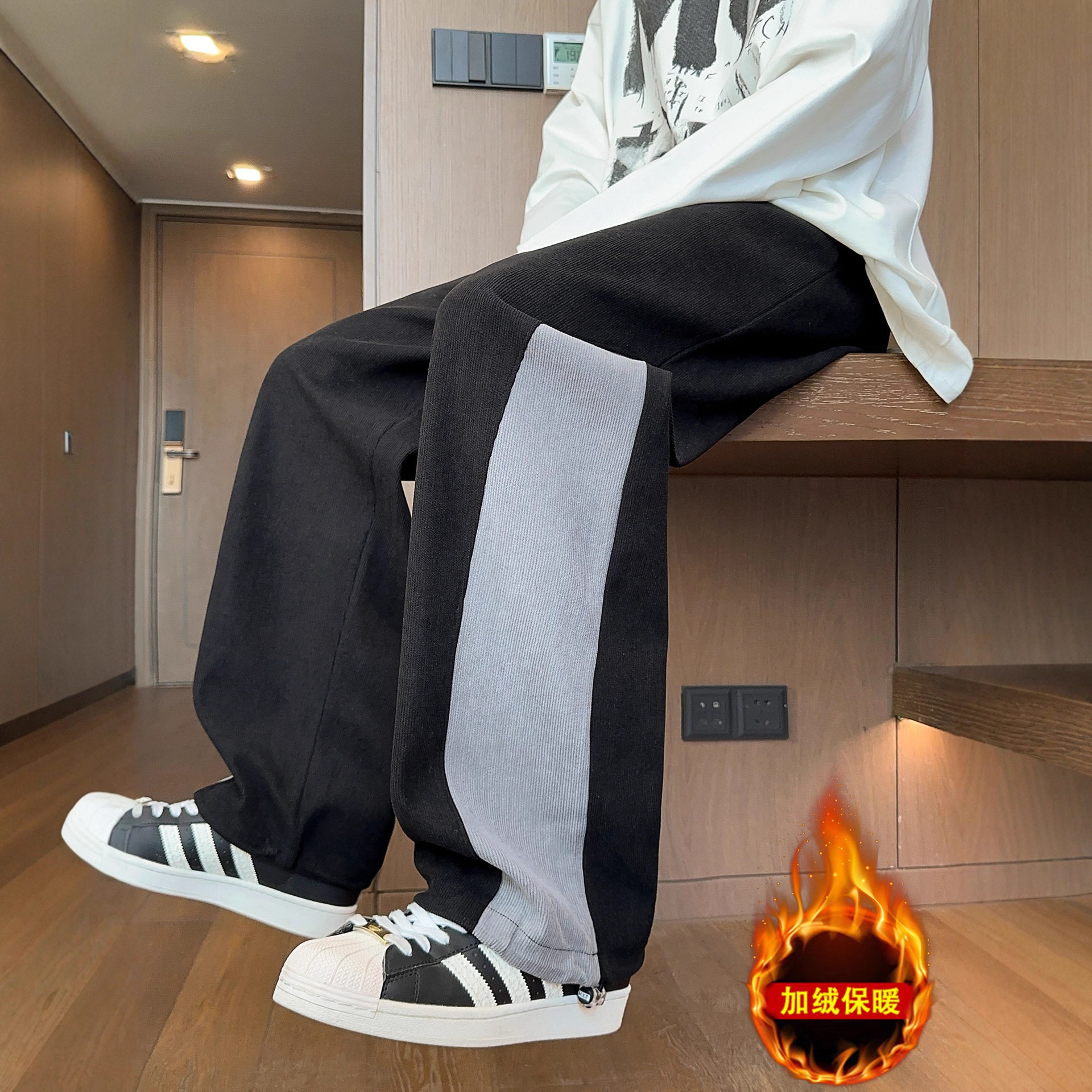 香港撤柜冬季新款裤子男孩高中初中学生加绒加厚青少年大童休闲直