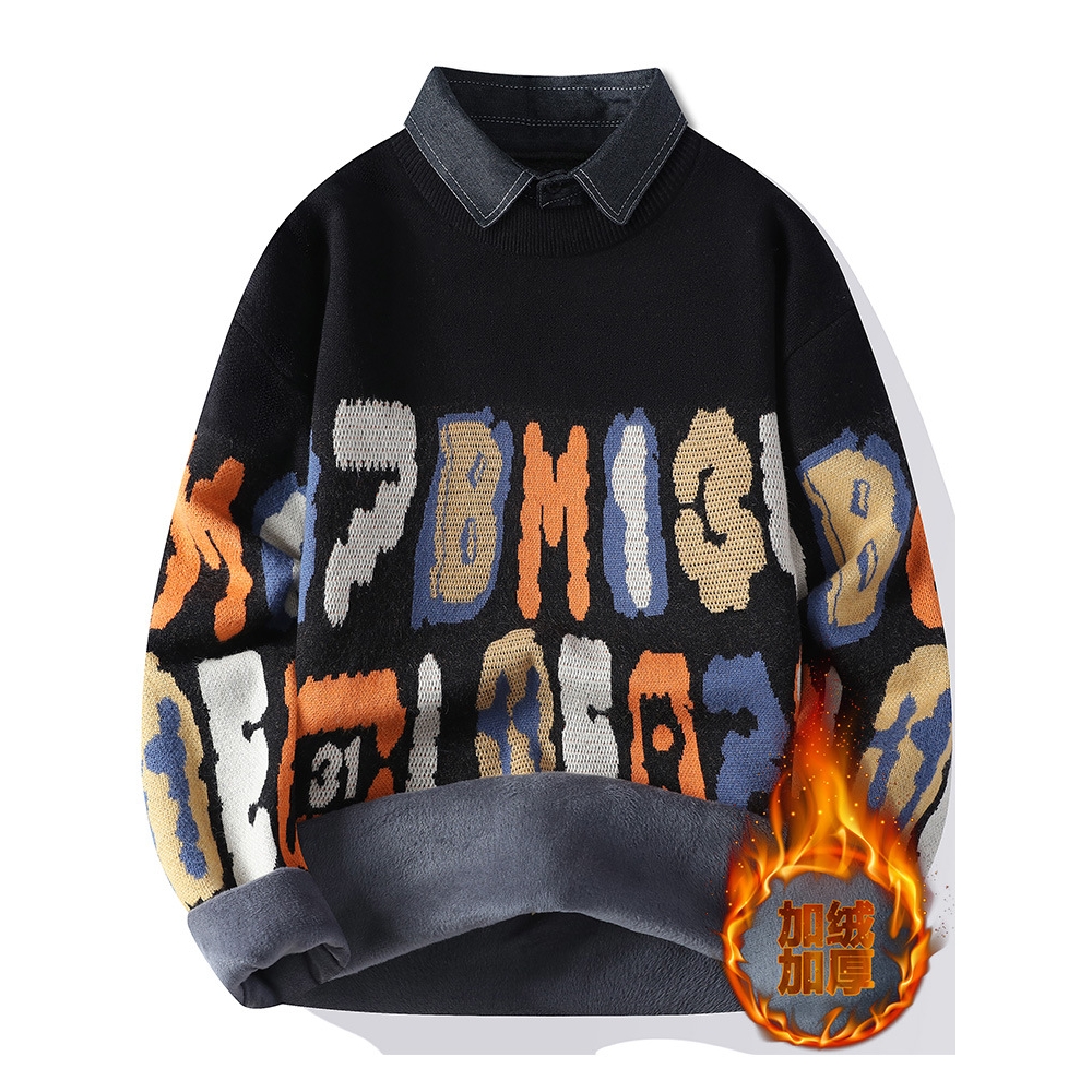 香港撤柜毛衣男冬季新款衬衫领针织衫男士打底衫青少年加绒保暖毛