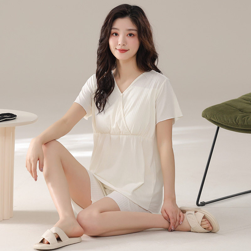 德国带胸垫月子服夏季莫代尔短袖短裤圆领薄款纯色孕妇睡衣哺乳家