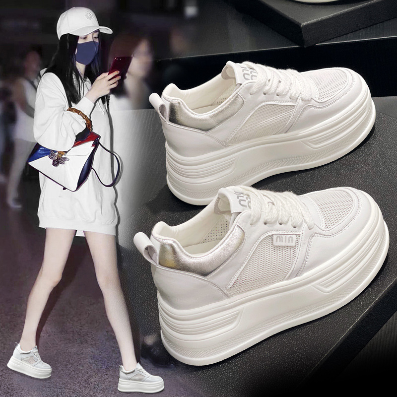 潮流新品女鞋夏季女板鞋运动厚底休闲老爹鞋女网面透气内增高小白