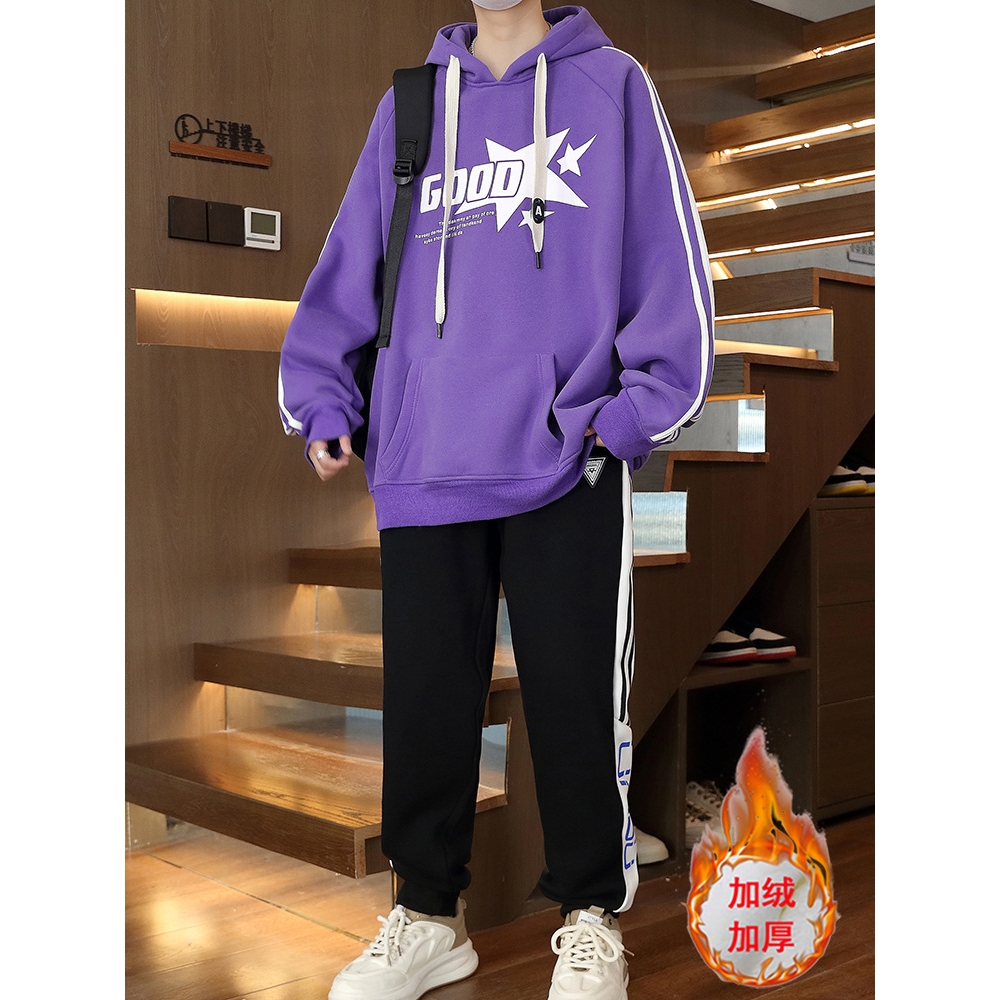 香港撤柜冬季连帽卫衣男孩初高中学生加绒加厚青少年大童冬装保暖