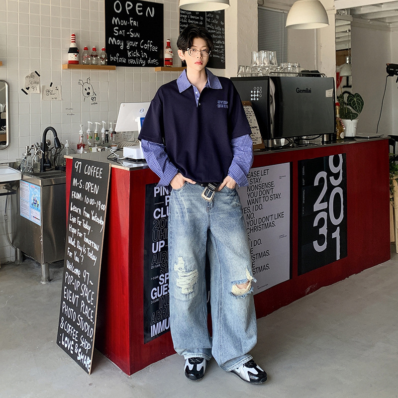 新品时尚美式复古潮流破洞牛仔裤男刮烂宽松水洗直筒阔腿长裤拖地