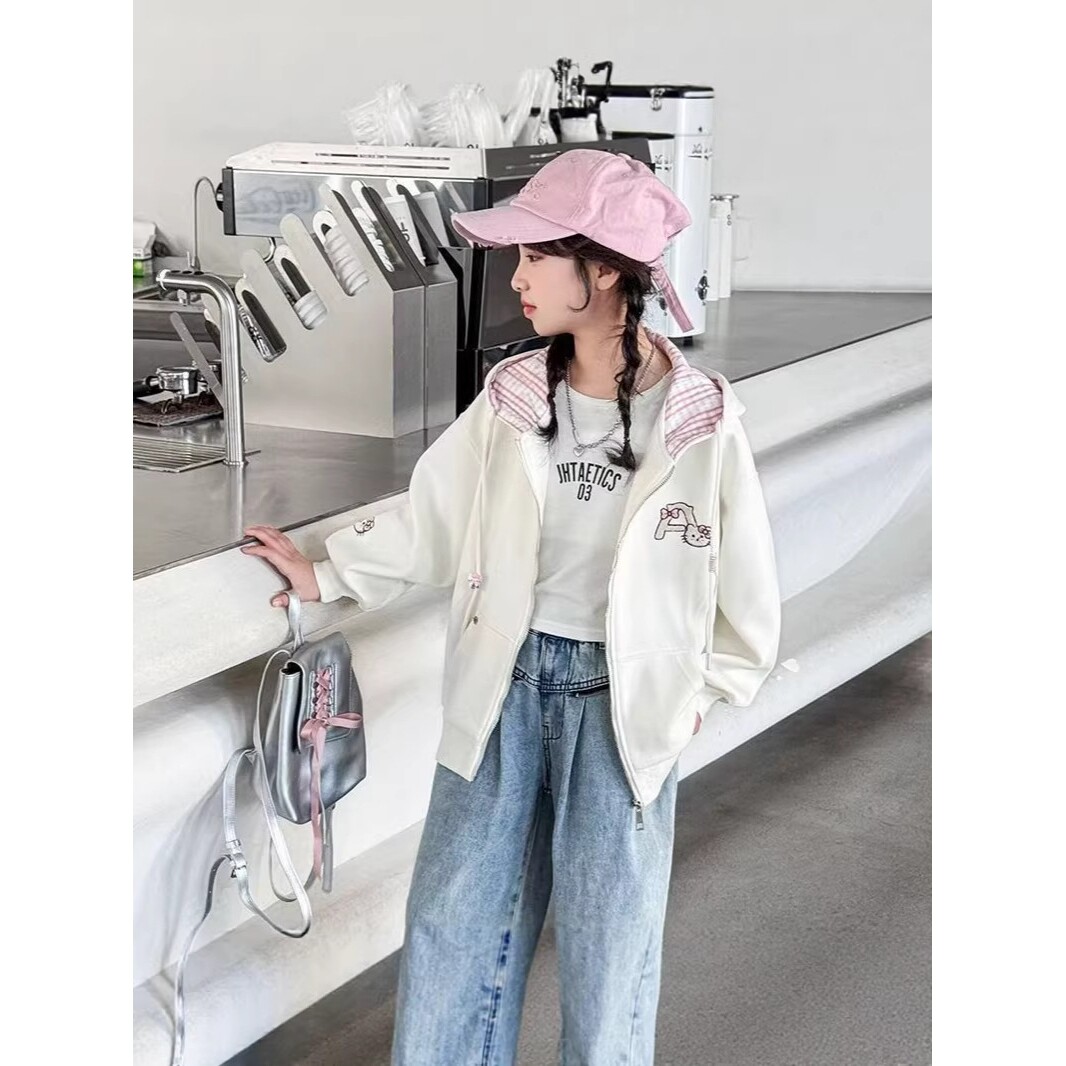 德国女童新款卡通连帽卫衣开衫新款中大童韩版拼接格子外套潮