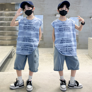 2025新款 新品 潮流兒童男童夏季 套裝 字母背心短 中大童運動休閑無袖