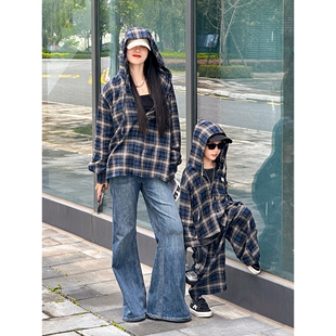 德国一起玩亲子装季新款母子装连帽格子衬衫母女装AB款韩版休闲装