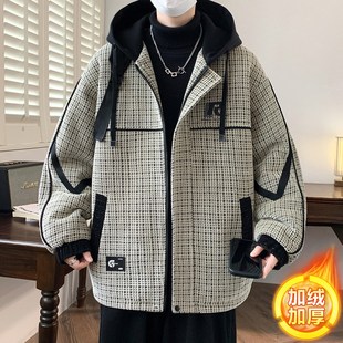 欧洲站雪尼尔毛呢格子外套男冬季青少年加绒加厚夹克初中高中学生