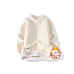 欧洲站冬季 潮 青少年纯色加厚线衣岁男孩初高中学生加绒毛衣男装