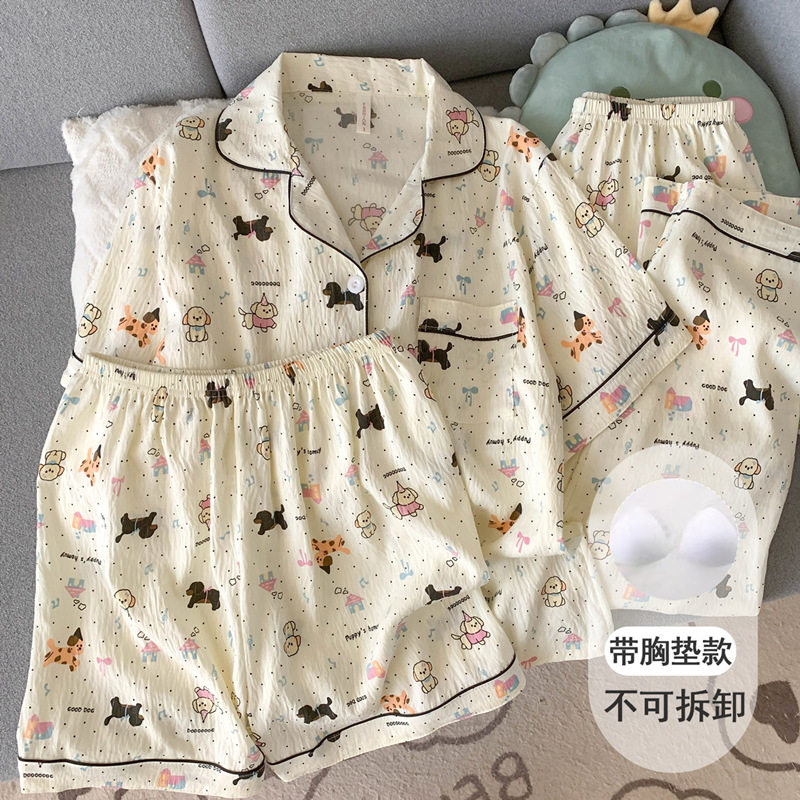 德国带胸垫纯棉纱布睡衣女款新款夏季短袖日系ins小狗三件套夏天