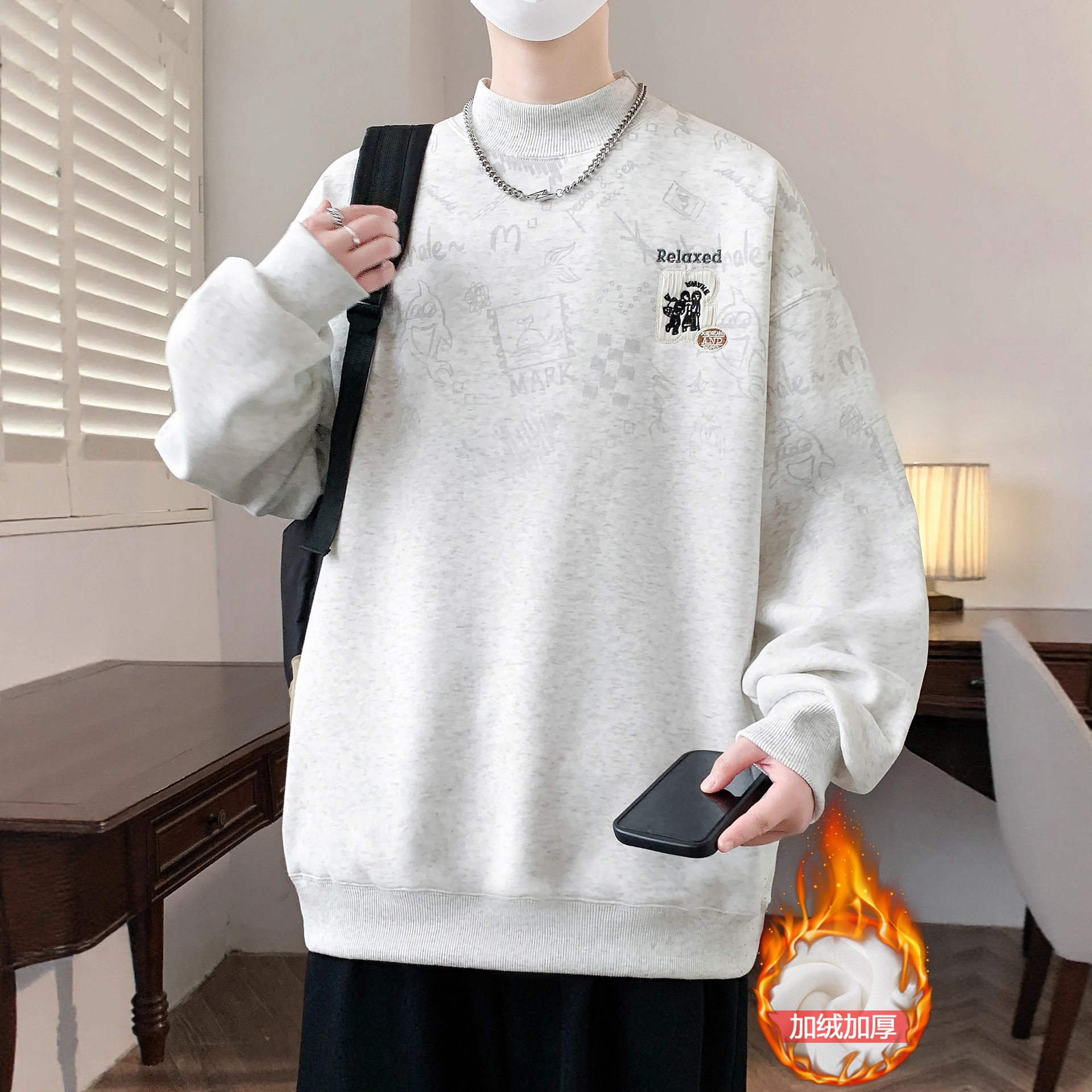 德国冬季加绒加厚卫衣男孩初中学生半高领上衣青少年大童保暖打底