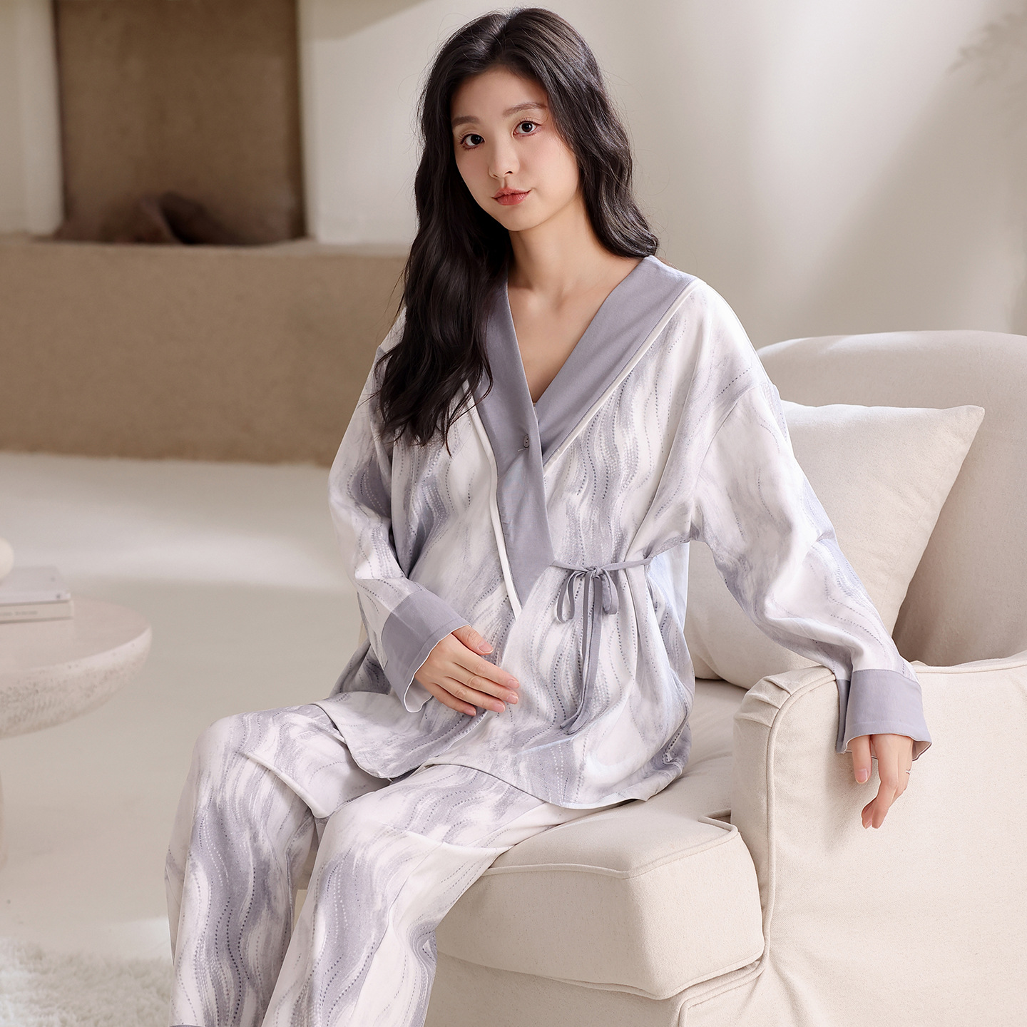 新品优选新品纯棉薄款孕妇哺乳睡衣女带胸垫全棉和服领产后喂奶月
