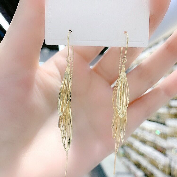 撤柜蜻蜓点水树叶流苏耳线女新款潮气质百搭长款显脸瘦耳环