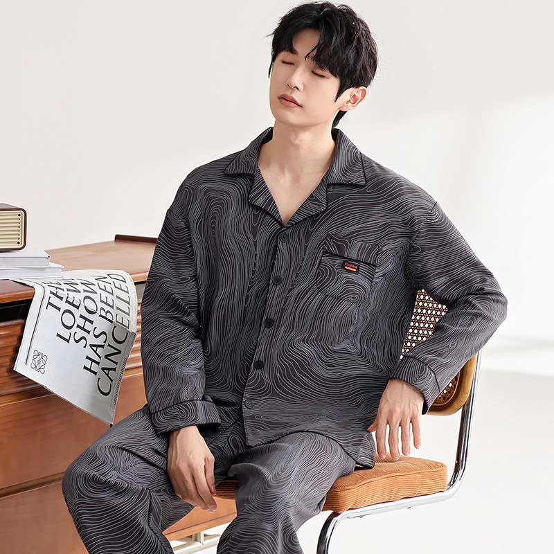 潮牌高档男士睡衣季长袖翻领宽松XL加大码斤中青年家居服套装