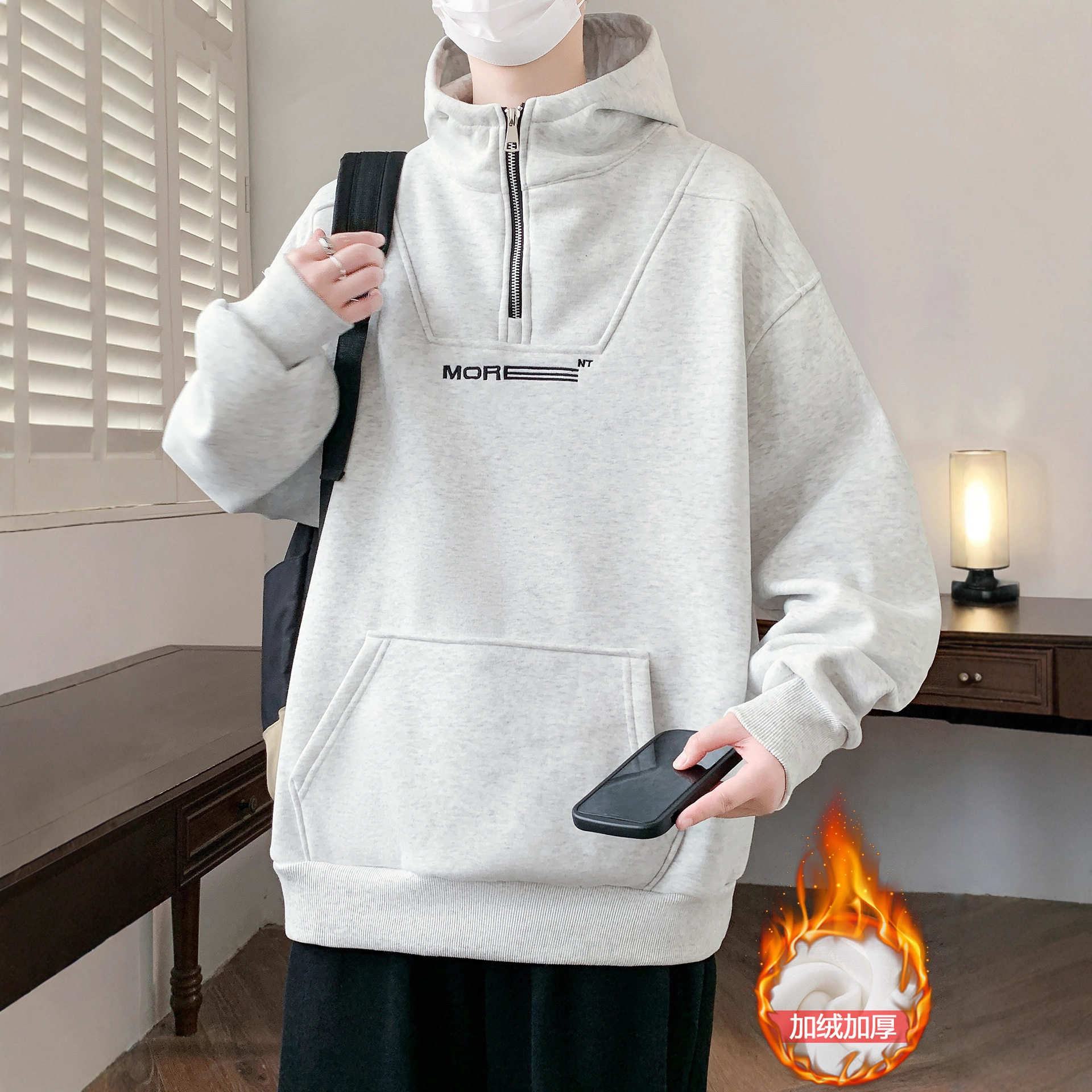 德国冬款加绒卫衣男孩初中高中学生加厚外套青少年帅气大童冬装上