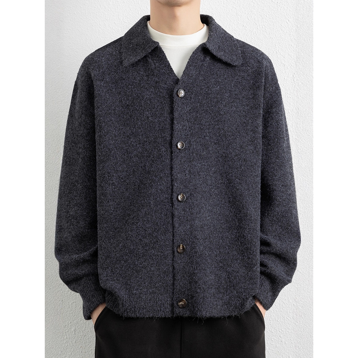 香港撤柜双口袋纯色毛衣外套线衫青年男士翻领针织开衫套头保暖简