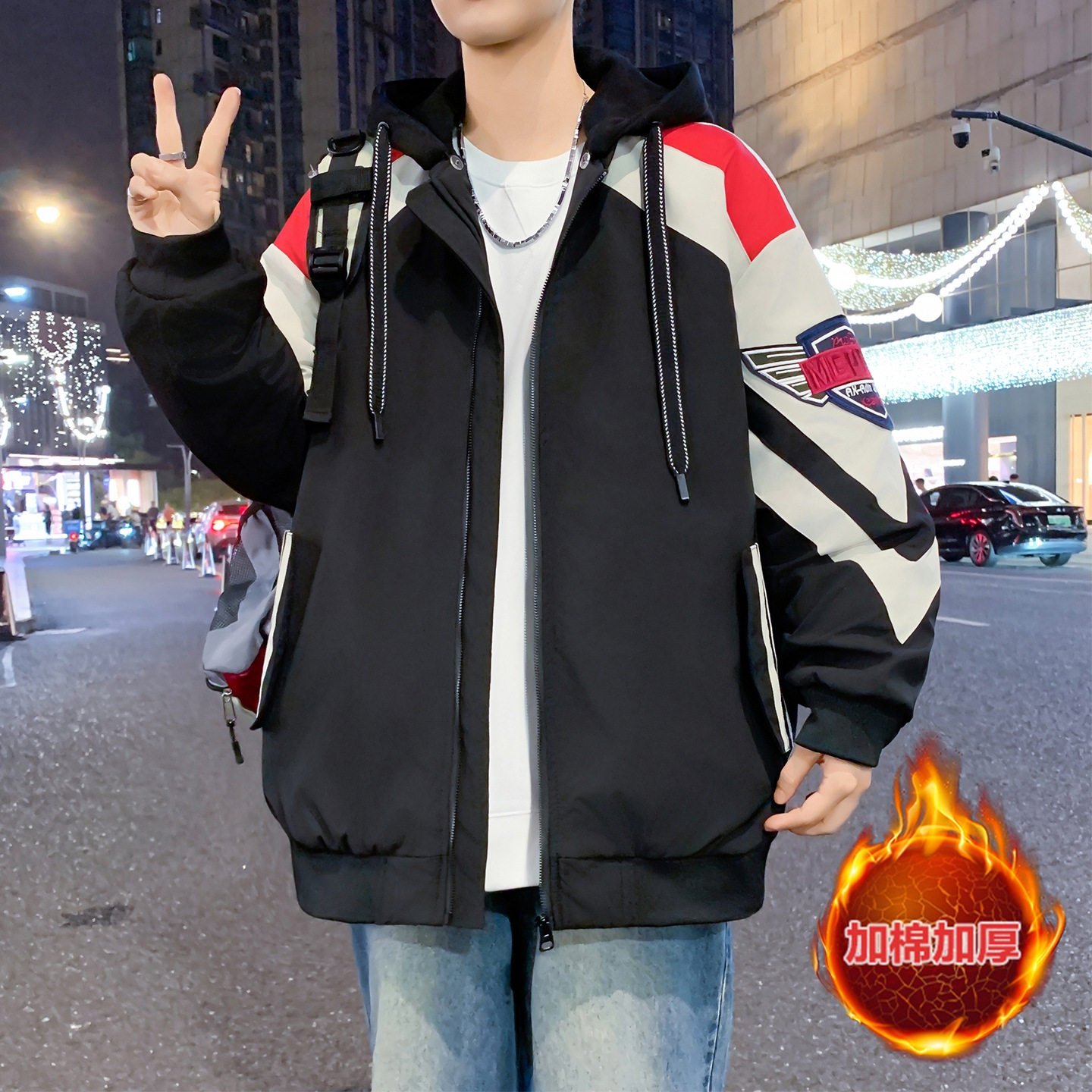 德国冬季青少年连帽外套男孩高中初中学生加棉加厚夹克大童冬装棉