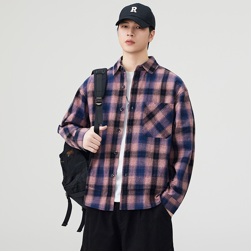 优选时尚青少年格子衬衫季新款纯棉撞色时髦百搭长袖衬衣男外套