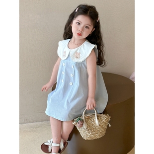 韓版 新品 條紋兔子連衣裙一件童裝 新款 網(wǎng)紅校園 可愛女童2025年夏款
