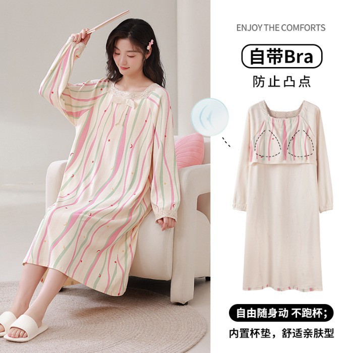 今年新品冬季新款纯棉公主风加宽版圆领睡裙带胸垫长袖睡衣连衣裙