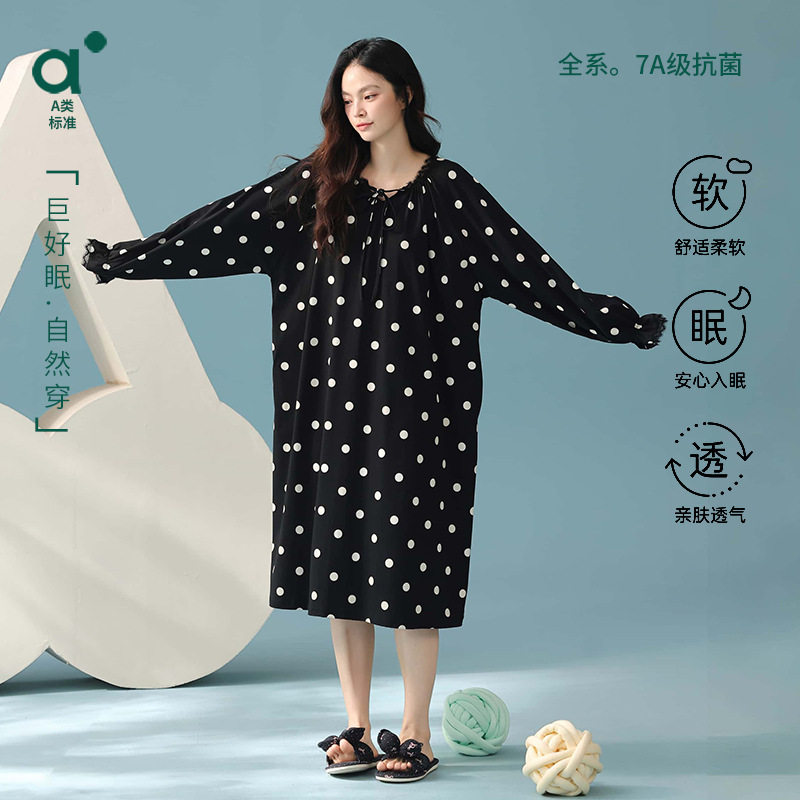德国【抗菌新疆棉】睡裙女纯棉季蕾丝袖口波点女生宽松版连衣裙子