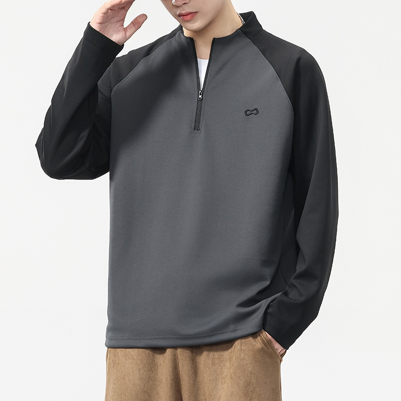 个性时尚美式复古拼接插肩袖半拉链卫衣男季新款休闲运动长袖衫