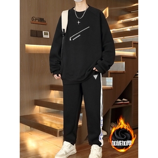 欧洲站冬季加绒圆领卫衣男孩初高中学生加厚打底衫长袖青少年保暖