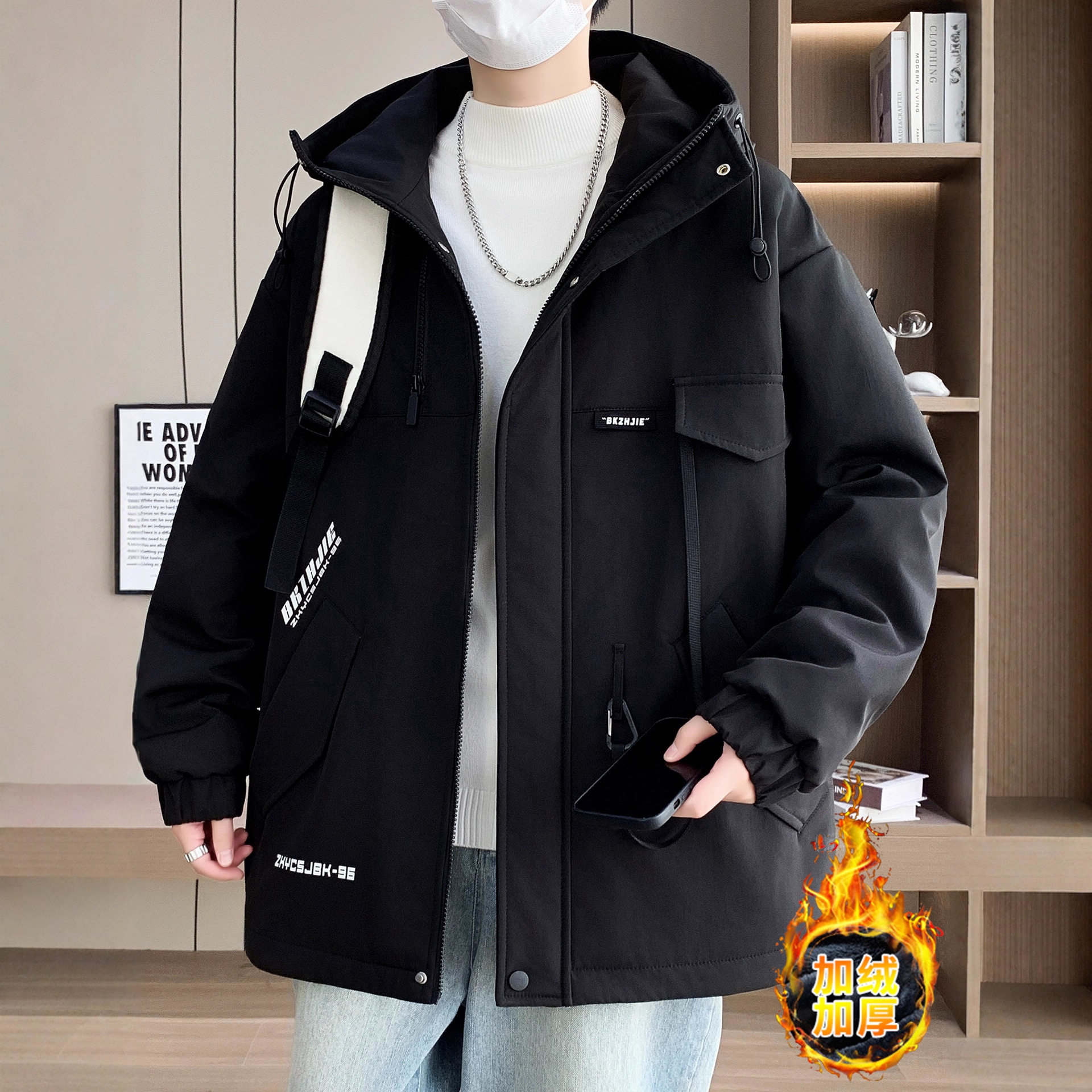 德国冬季青少年连帽外套男孩初中高中学生加绒加厚大童冬装夹克棉