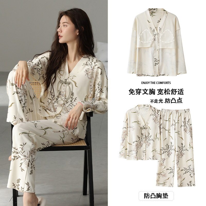 德国带胸垫睡衣女长袖纯棉开衫卡通可爱和服全棉冬家居服套装韩式