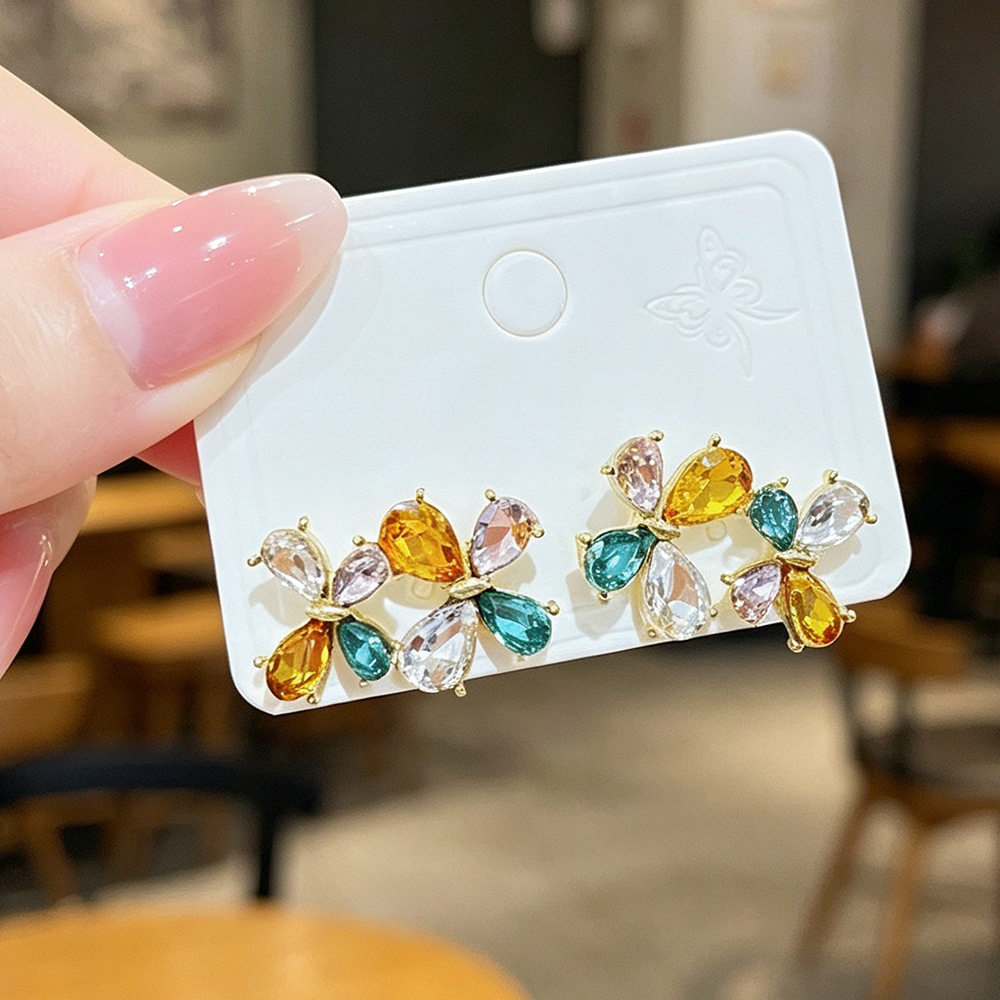 撤柜多巴胺镶水钻蝴蝶耳环 独特甜美设计感小众撞色花朵耳钉超火