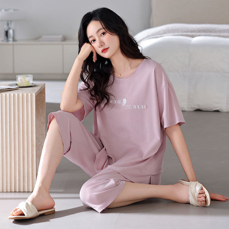 德国带胸垫睡衣女夏季莫代尔短袖七分裤薄款凉感冰丝大码可外穿家