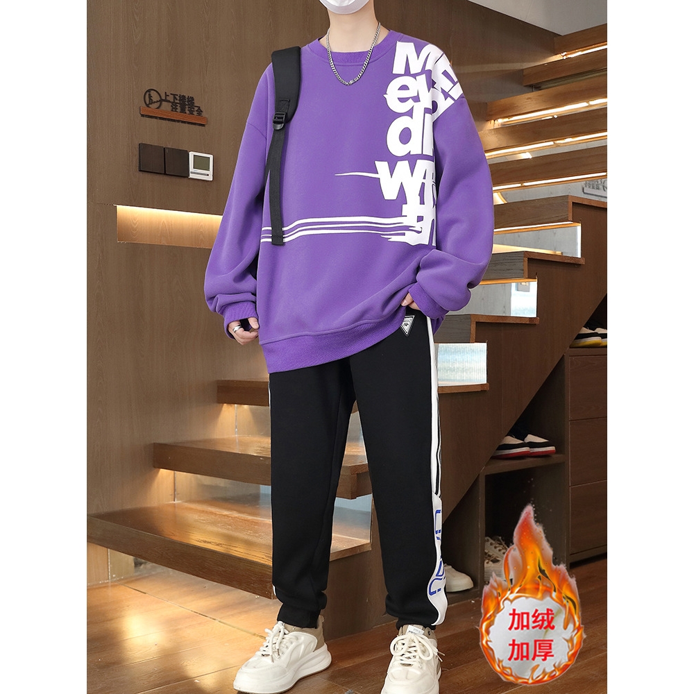 香港撤柜初高中学生男孩套装圆领卫衣加绒加厚两件套岁冬装男装