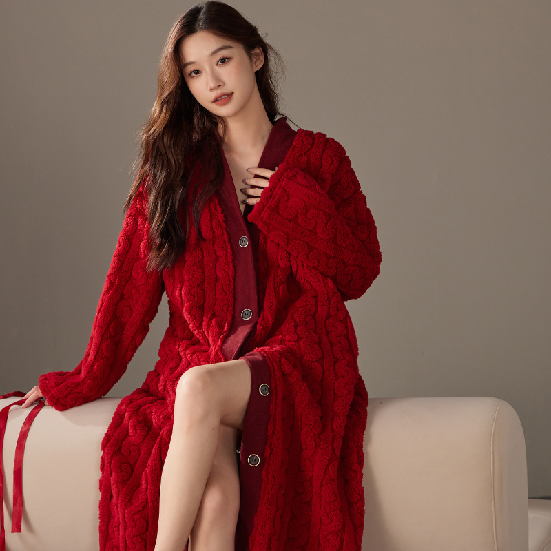 新品优选珊瑚绒睡衣浴袍大红加绒加厚女士法兰绒冬款开衫绒睡袍睡