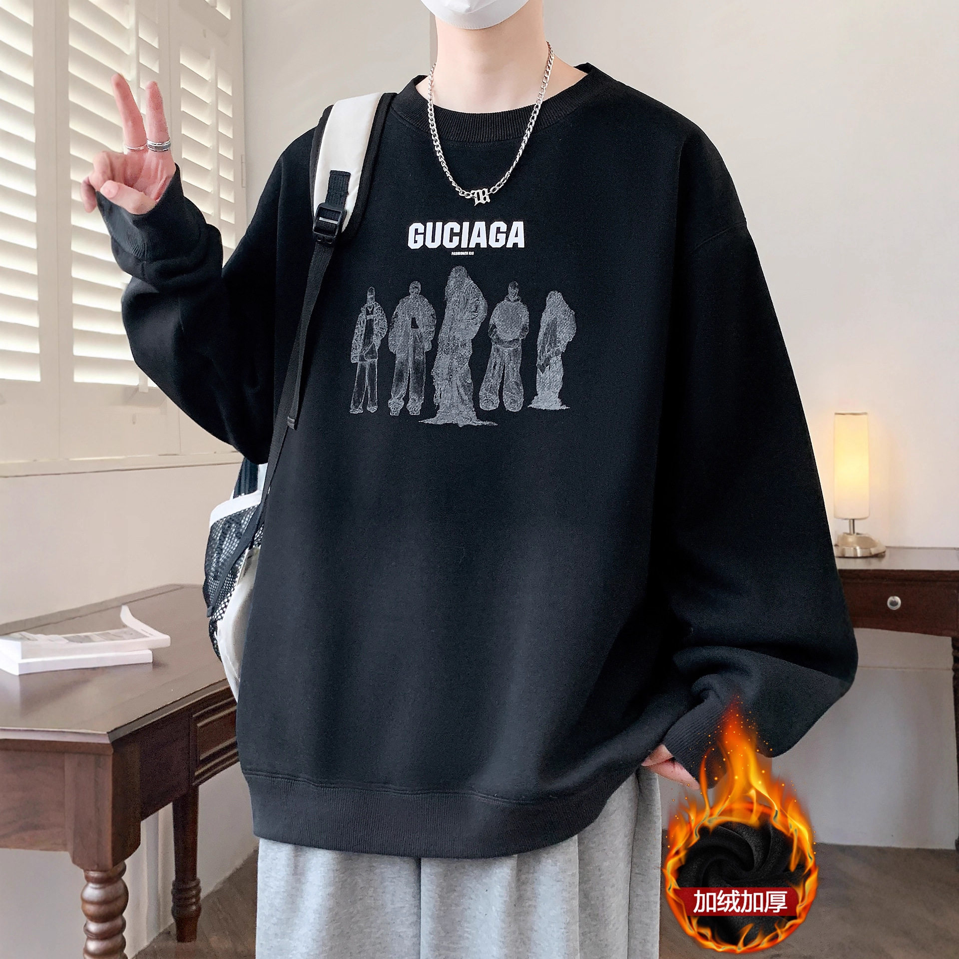 欧洲站冬款加绒加厚卫衣男初中高中学生长袖t恤青少年大童打底衫