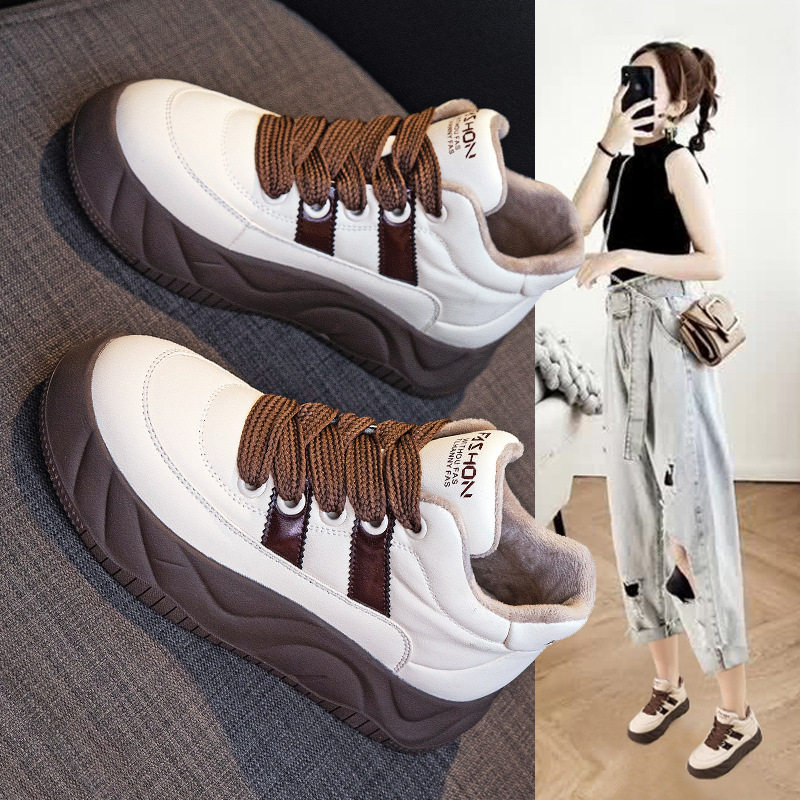 香港撤柜真皮高帮鞋女冬新款加绒厚底面包鞋保暖超火网红爆款休闲