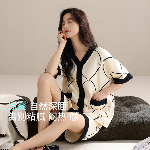 德国年新款睡衣女夏季纯棉薄款短袖短裤休闲可外穿全棉家居服套装