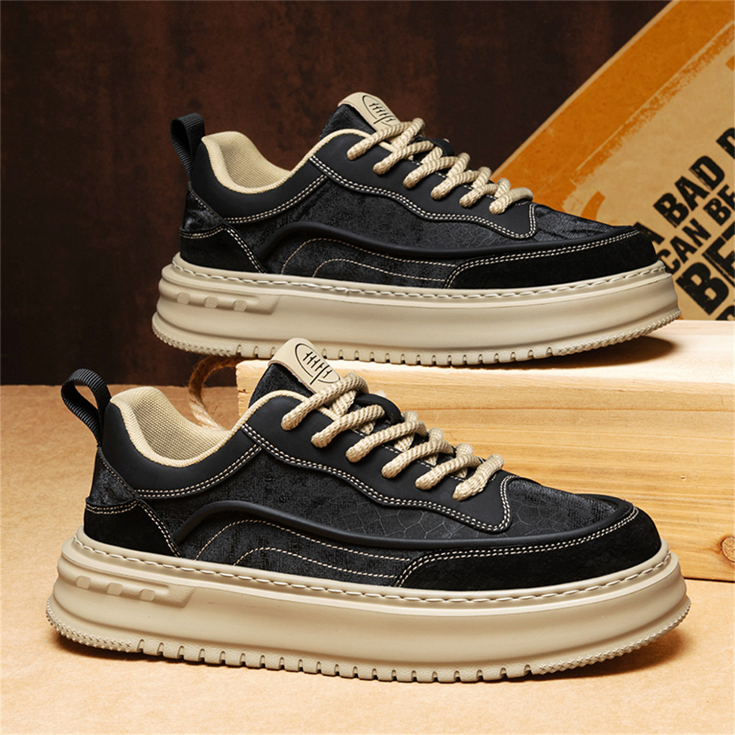 德国男鞋季板鞋黑色皮面百搭增高休闲鞋子男款冬季加绒冬天潮鞋真