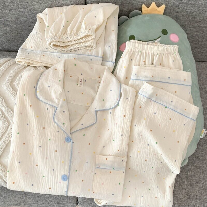 德国睡衣女夏季云朵棉纱薄款短袖三件套装ins网红圆点休闲家居服
