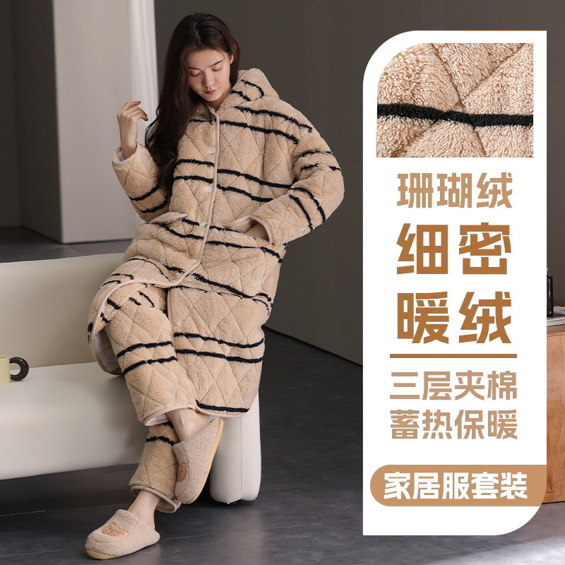 新品优选三层夹棉女睡衣冬季珊瑚绒卡通韩版加绒加厚夹棉袍长袖家