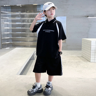 潮流儿童男童夏季 2025新款 新品 套装 大童运动休闲拼接polo衫 短袖