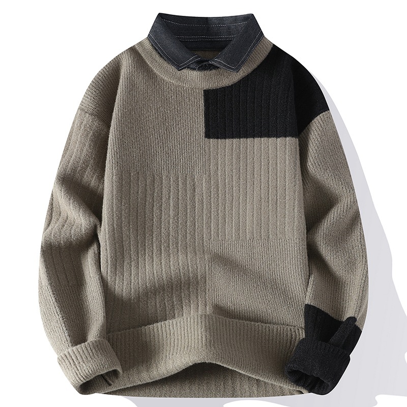 个性时尚衬衫领毛衣男假两件带领冬款套头针织衫休闲打底衫