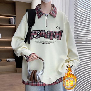 欧洲站冬季青少年加绒翻领卫衣男孩初中学生假两件Polo衫大童加厚