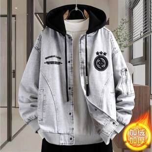 欧洲站假两件牛仔外套男冬款青少年加绒加厚夹克初中高中学生冬天