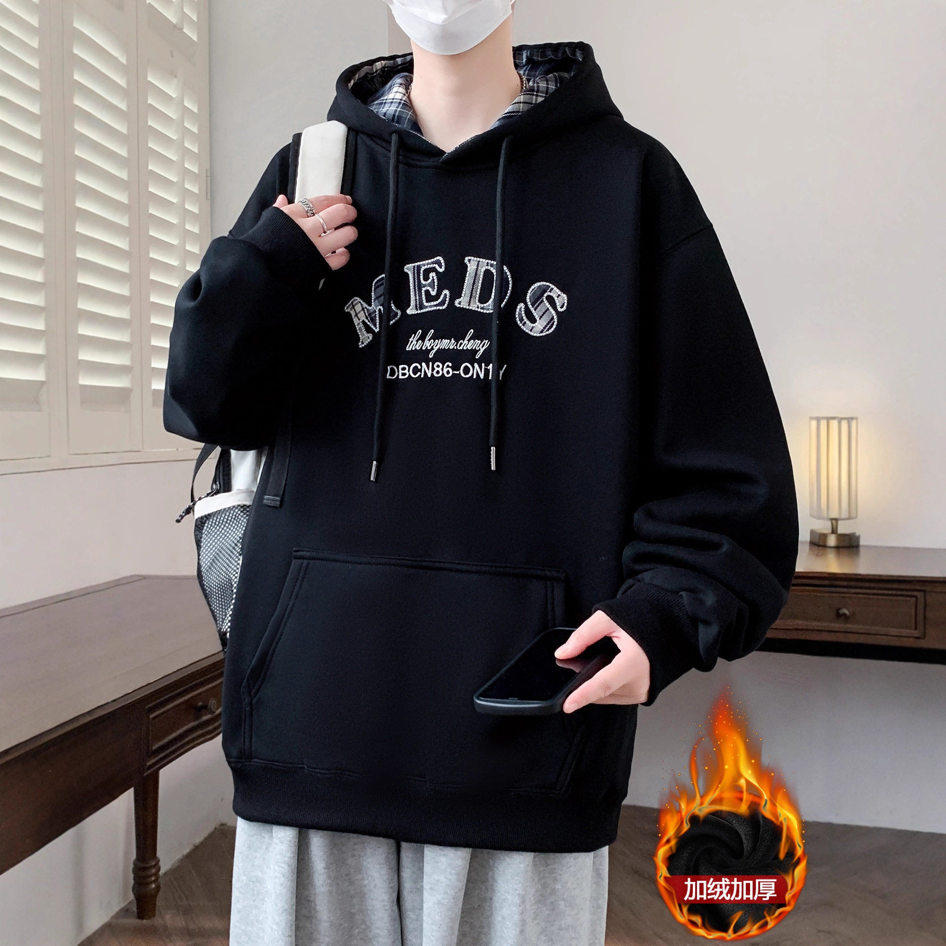 德国冬季青少年加绒加厚卫衣男孩初中学生潮流帅气外套大童冬装上