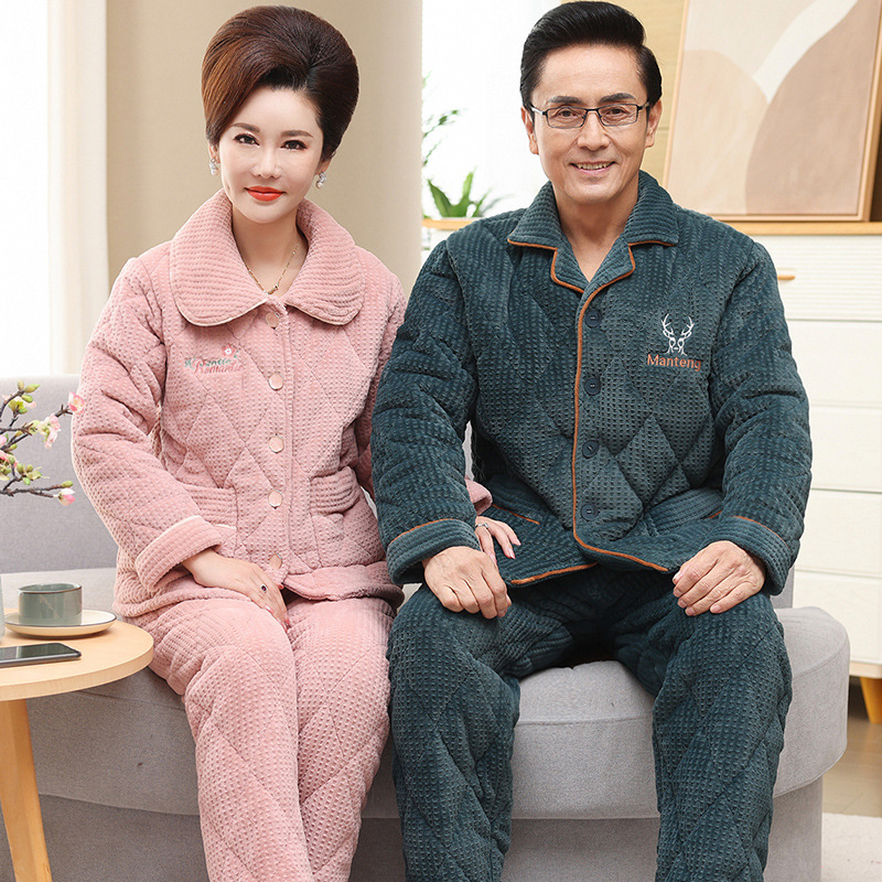 潮牌冬季中老年珊瑚绒睡衣男女棉袄加绒加厚爷爷奶奶三层夹棉家居