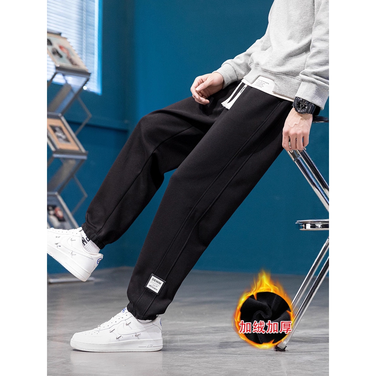 香港撤柜裤子男士冬季新款潮牌青少年学生加绒加厚运动卫裤保暖休