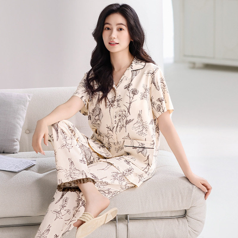 德国带胸垫睡衣女士夏季纯棉短袖长裤夏天女款中年妈妈薄款半袖家