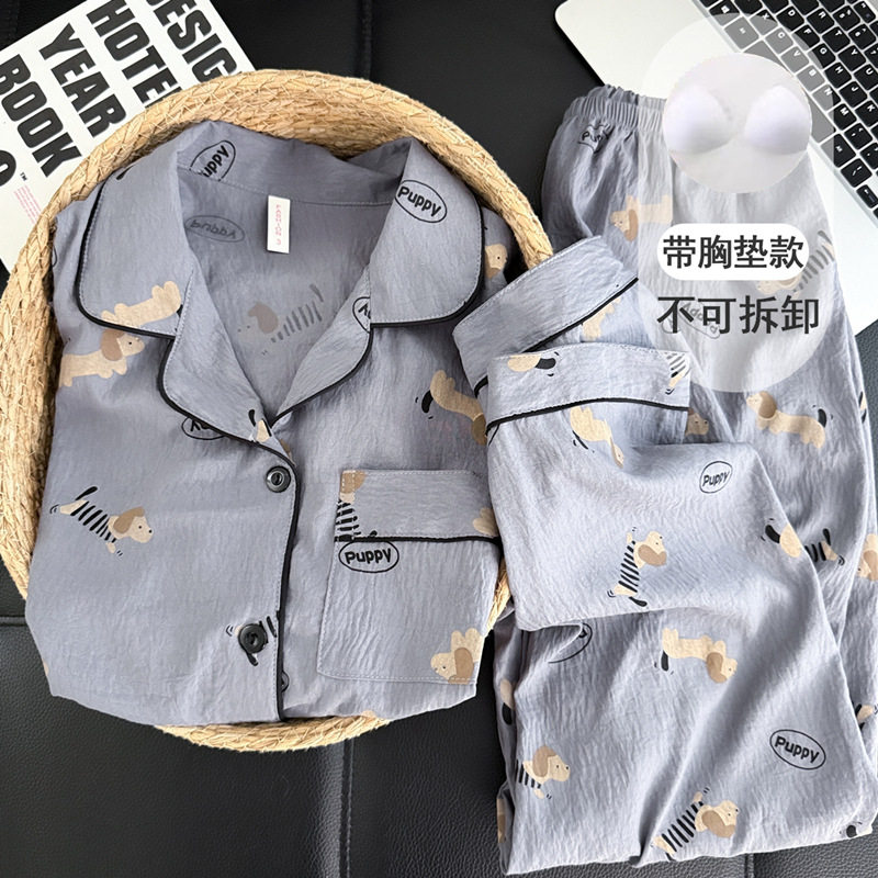 德国带胸垫深灰色腊肠狗卡通云朵纯棉纱睡衣女款季长袖家居服夏天