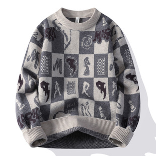 欧洲站毛衣男冬季 青少年潮牌格子线衣初中高中学生加厚保暖针织打